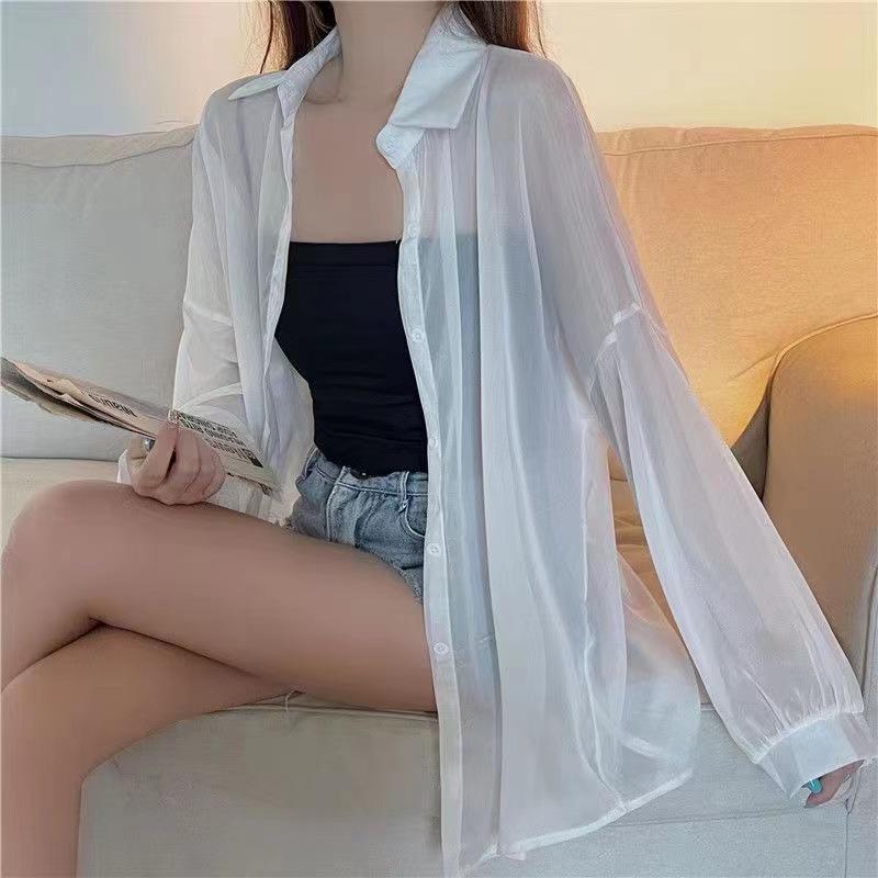 Women's 2024 Pearl Yarn Sun Protection Chic Sheer Long Sleeve Shirt