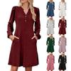 Dames Casual Mode -kleur V-hals Geborsteld Geribd Knopenzak A-lijn Lange Mouwen Jurk