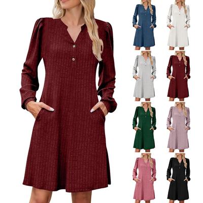 Women's Casual Fashion -color V-neck Brushed Ribbed Button Pocket A-line Long-sleeved Dress