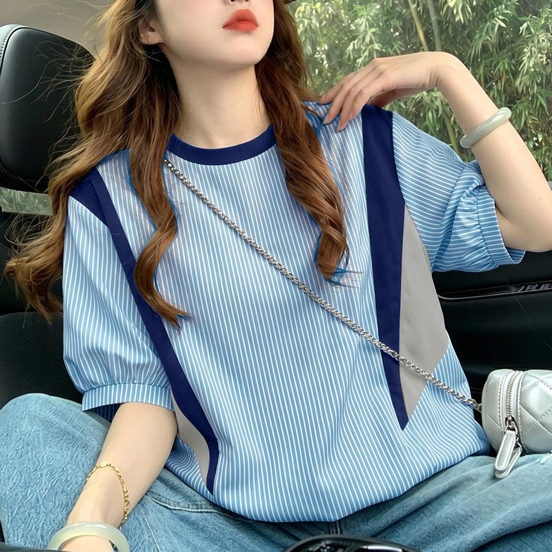 ZANZEA Women Casual Round Neck Stripe Print Loose Short Sleeve Blouse