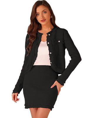 Allegra K Women's Vintage 2-Piece Suit: Stretch Sweater, Short Jacket, and Skirt, Black, Size M