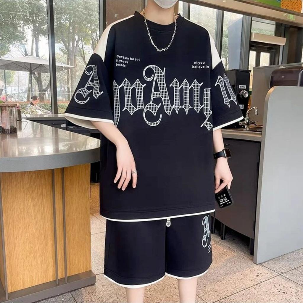 Summer Men's Fashion Personality Letter Printed Short Sleeved Shorts Two-piece Set Outdoor Sports Breathable T-shirt Set