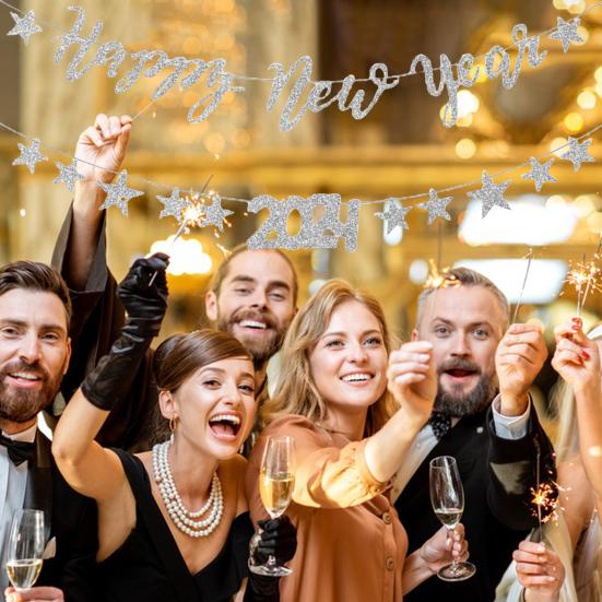 Banner Flag 2024 Glitter Happy Year Letters Create Atmosphere Shiny Elegant Hanging Decorations or Party