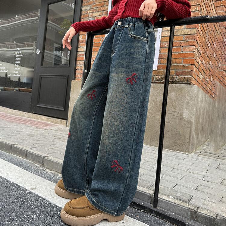 Girls' Spring/Fall Straight-Leg Jeans Oversized Wide-Leg Pants for Older Children