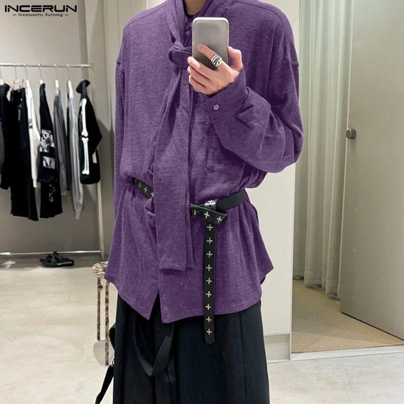 INCERUN Spring Men Tie-up Long Sleeve Casual Loose Oversized Pullover T-shirts Tops