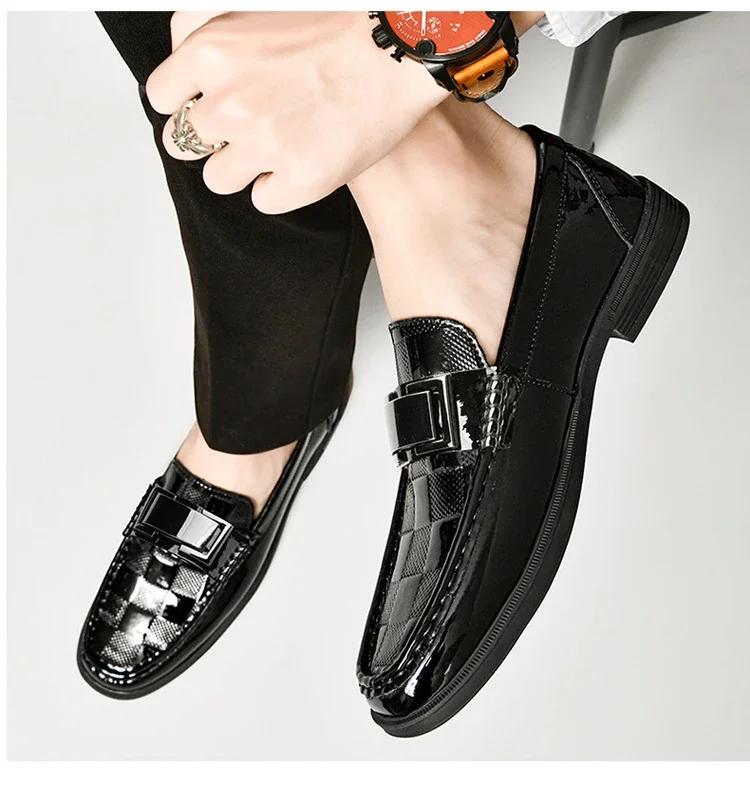 European Men Genuine Leather Dress Shoes Plaid Print Casual Business Shoes Fashion Slip-on Loafers
