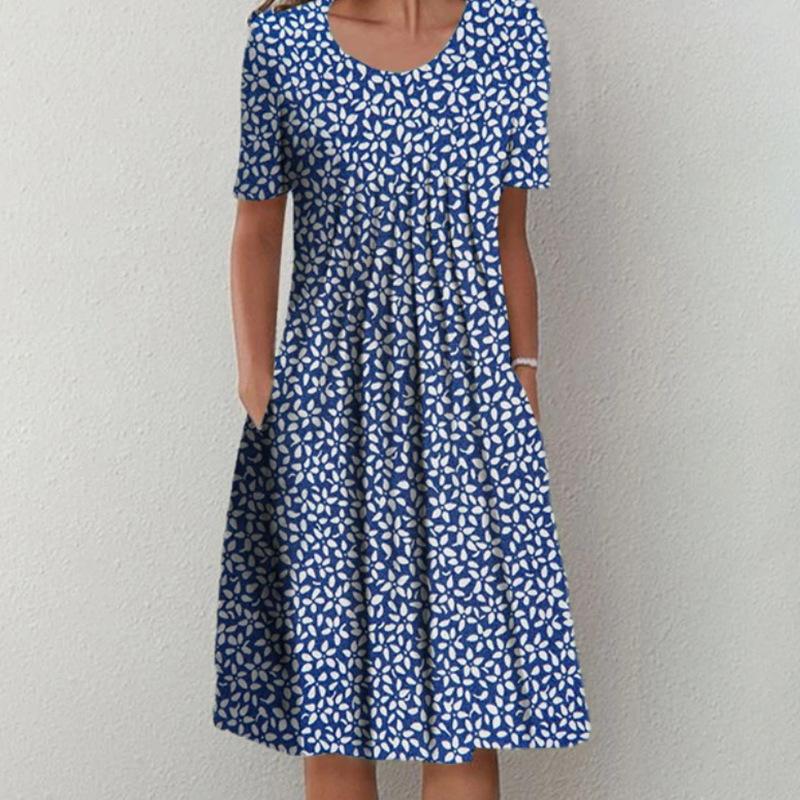 Spring and Summer Floral Print Crew Neck Pocket Women's Fashion Casual Crew Neck Trend Print Medium and Long Dress