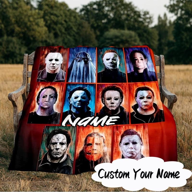 Custom Name Halloween Horror Icons Blanket Ideal Bedding Blanket Perfect for Travel, Camping, Living Rooms, Offices, Sofas, Fan Christmas gift