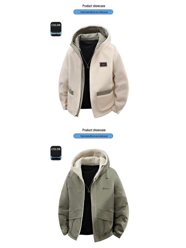 Men's Green Lambswool Hooded Jacket: Double-Sided, Casual, Velvet-Lined, Autumn/Winter Coat.