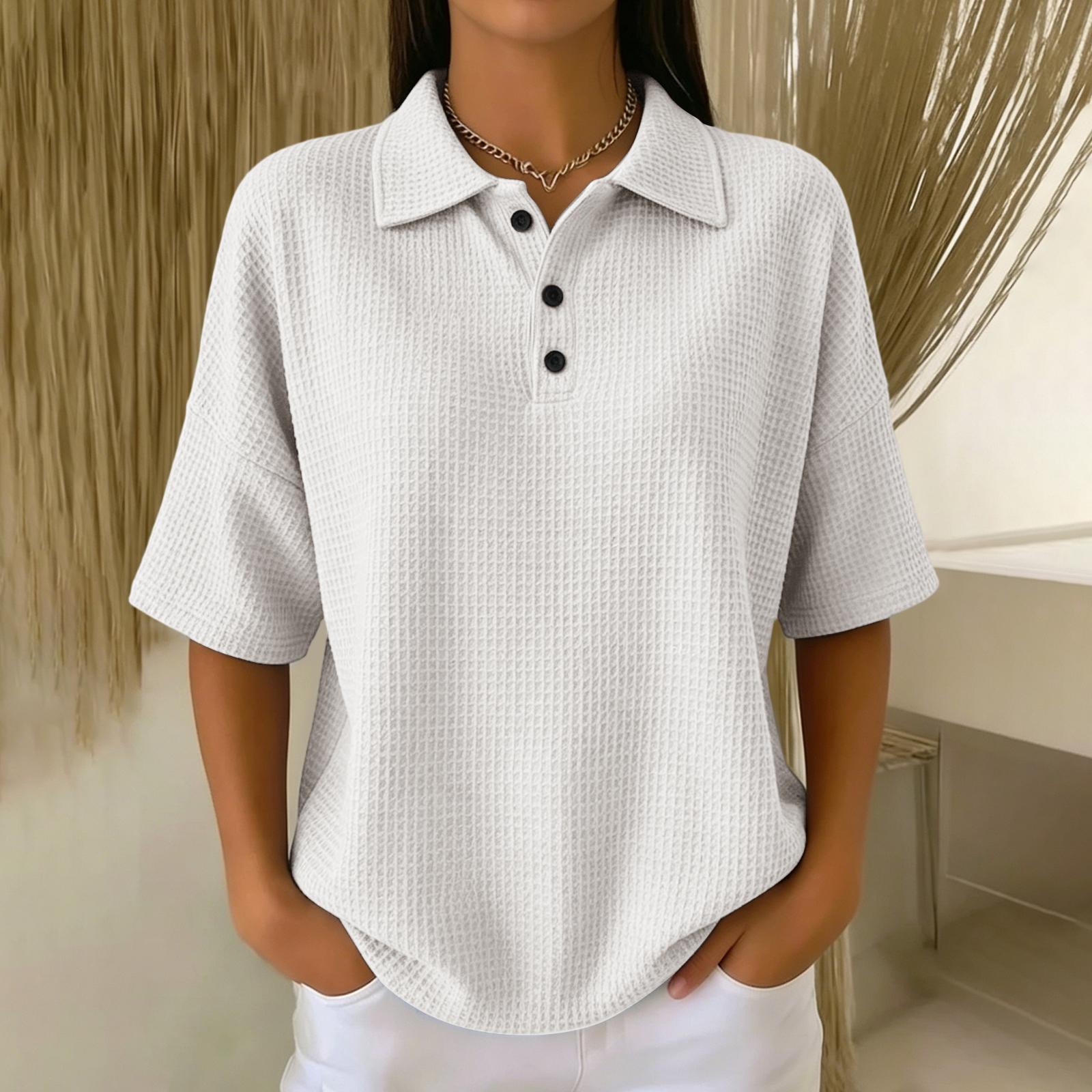 Damen Strick-Poloshirt mit kurzen Ärmeln, Knopfleiste und lockerer Passform für Freizeit und Alltag XL weiß