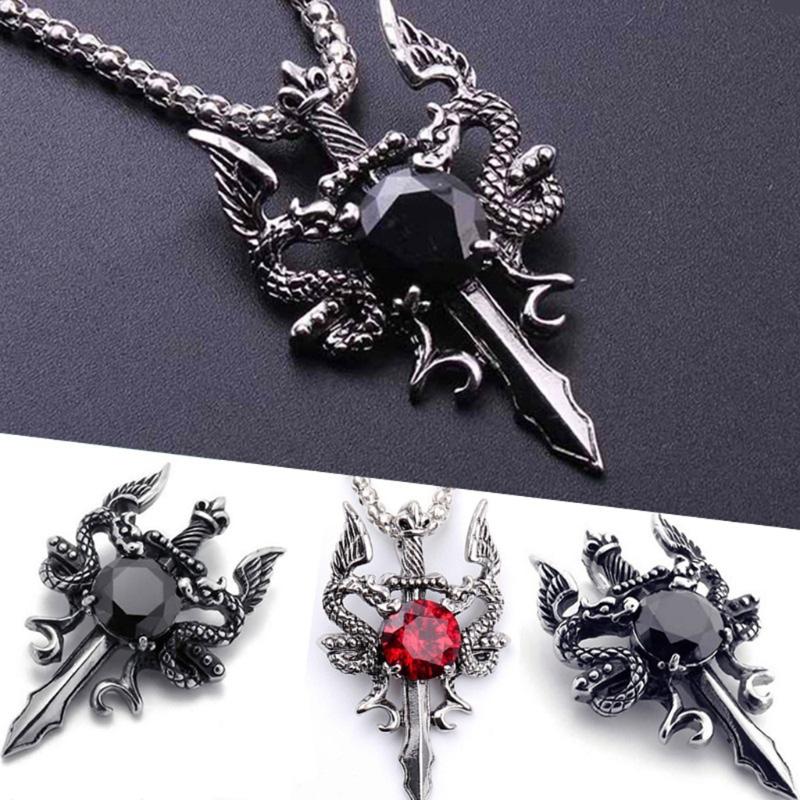 Vintage Dragon Amulet Necklace Double Dragon Sword Crucifix Crystal Pendant Punk Animal Dragon Jewelry Gift for Men Boys