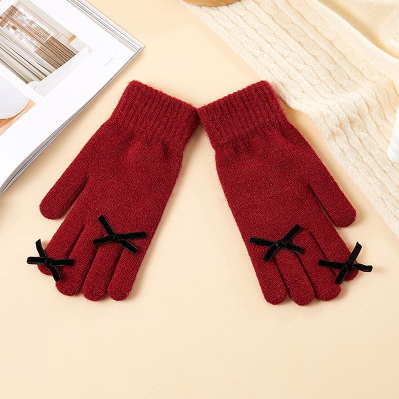 Five-finger Solid Color Warm Knitted Gloves for Women Bow-knot Cold-proof Gloves