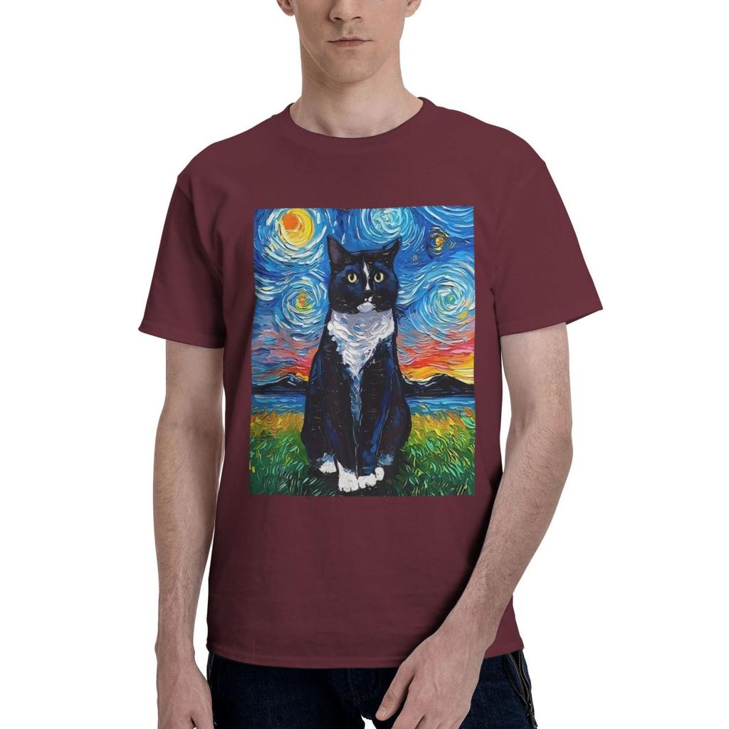 Black And White Cat Starry Night Print 100 Cotton Casual Breathable Confortable Men Top Mens Clothing Brands Men TShirt