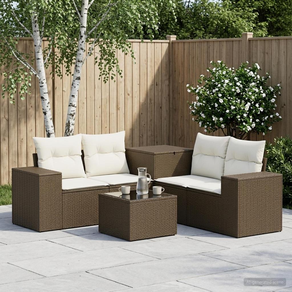 Sofa Set 6 Pieces Brown and Cream White Poly Rattan and Steel