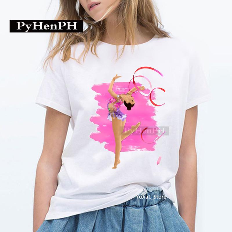Elegant Ballet Print Short Sleeve T-shirt Women's Slim Fit Summer Top Modal Fabric Student Girl Fashion Polyester