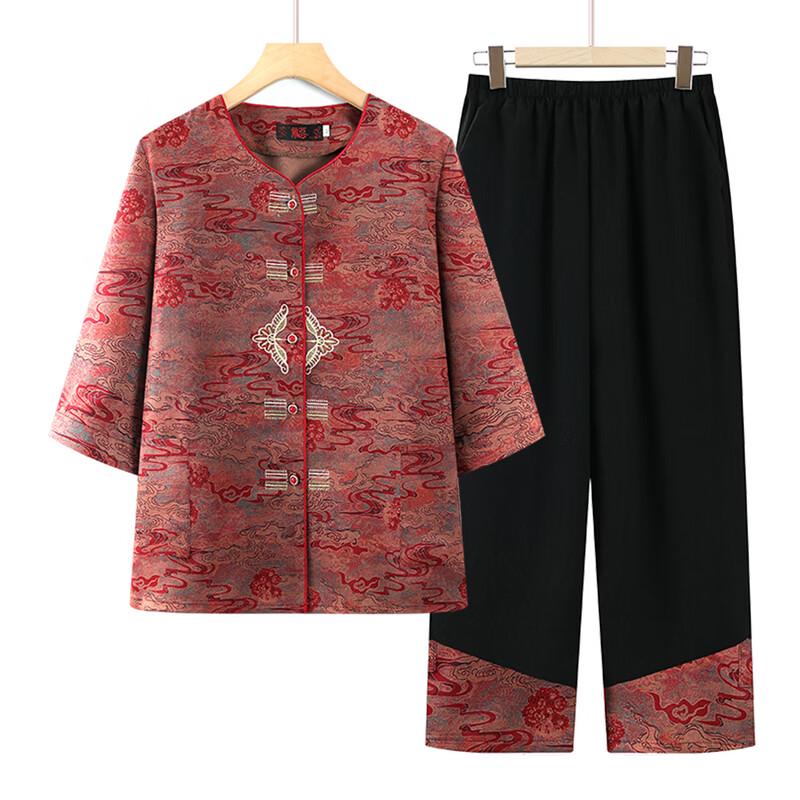 Mid-Aged Women's Summer Tang Suit Style Floral Two-Piece Set