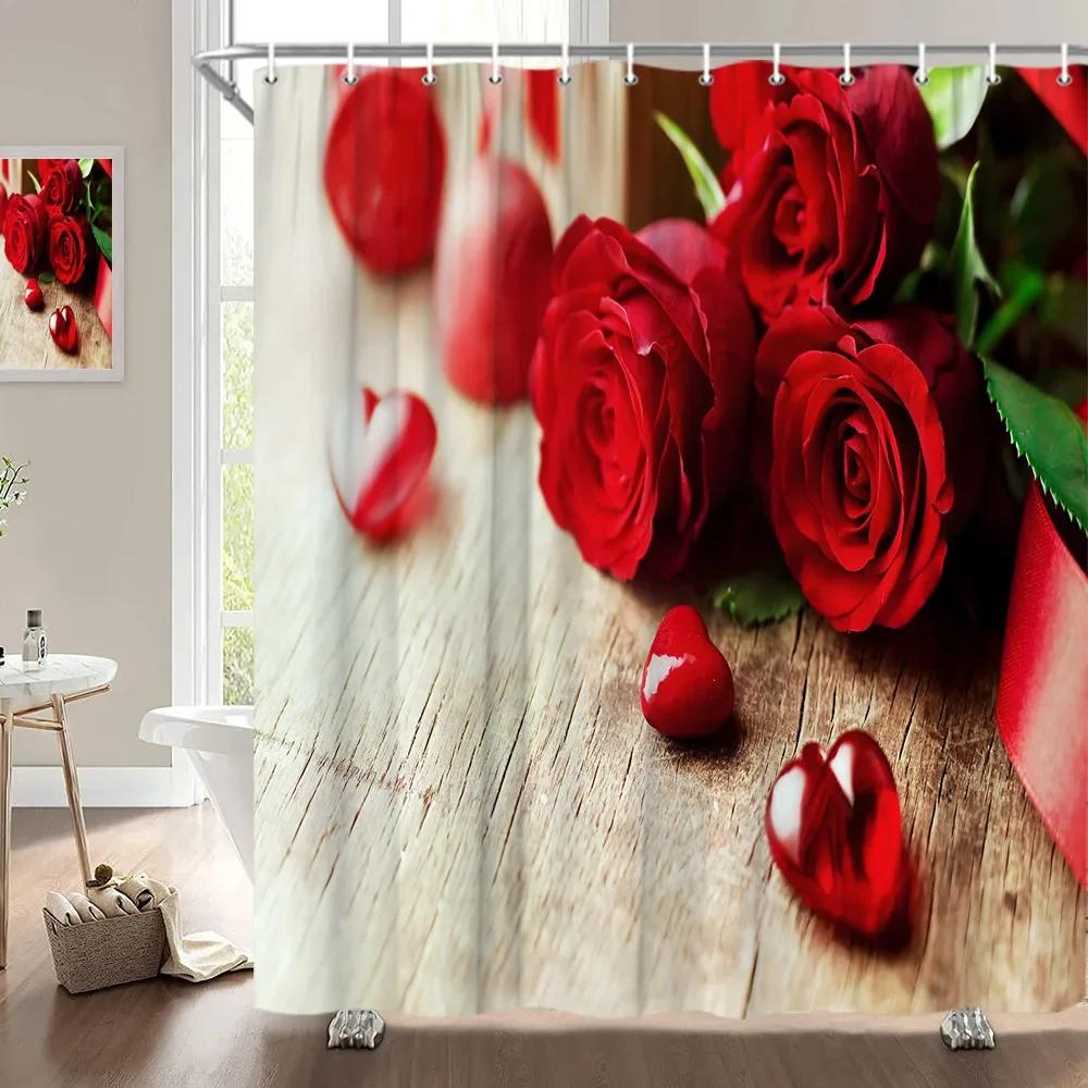 Valentine'S Day Shower Curtain, Rose Flower Heart Romantic Plant Love Lipstick Polyester Printed Fabric Bathroom Decoration