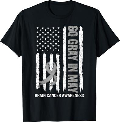 Fight Brain Cancer Awareness Wear Gray In May American Flag T-Shirt