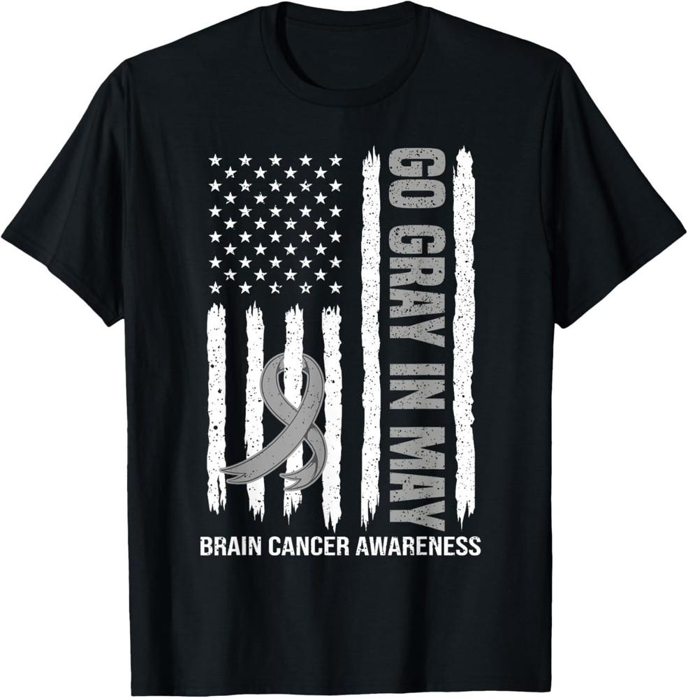 Fight Brain cancer Awareness Wear Gray in May american flag T-Shirt