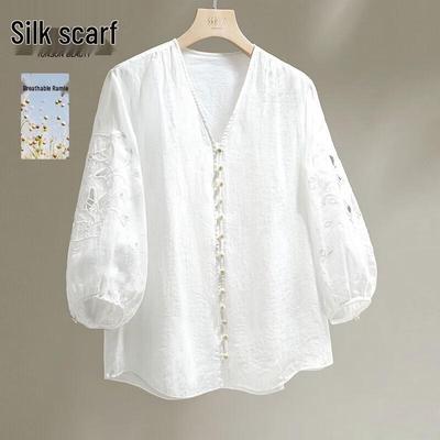 Women's V-Neck Embroidered Ramie Loose-Fit Blouse with Hollow-Out Design