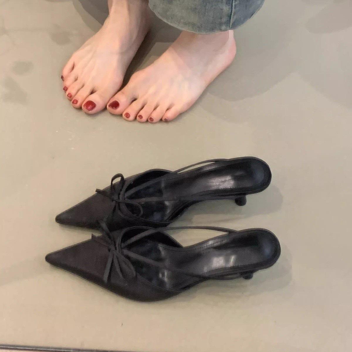 

Французский темперамент туфли-мешки с бантом на голове 2025 весна сладкие нежные элегантные атласные туфли с острым носком на высоком каблуке-шпильке 42 чёрный