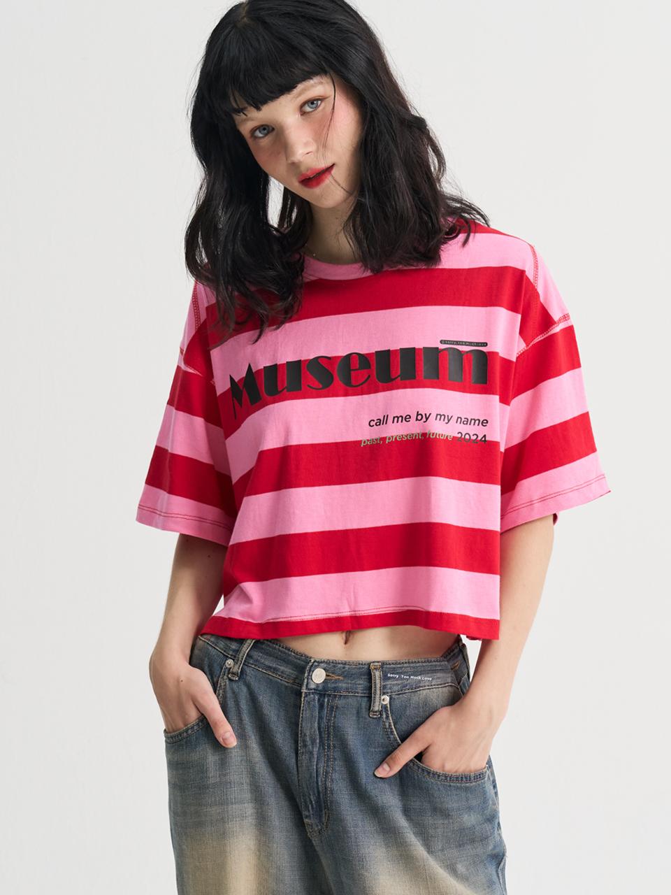 Sorry, Too Much Love Striped Cropped Loose Fit Short Sleeve T-Shirt_Pink