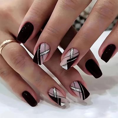 24pcs/set Glossy Short Square Fake Nails, Brown Red Press On Nails With Stripe And Color Block Design, Slivery Glitter With Design Simple False Nails