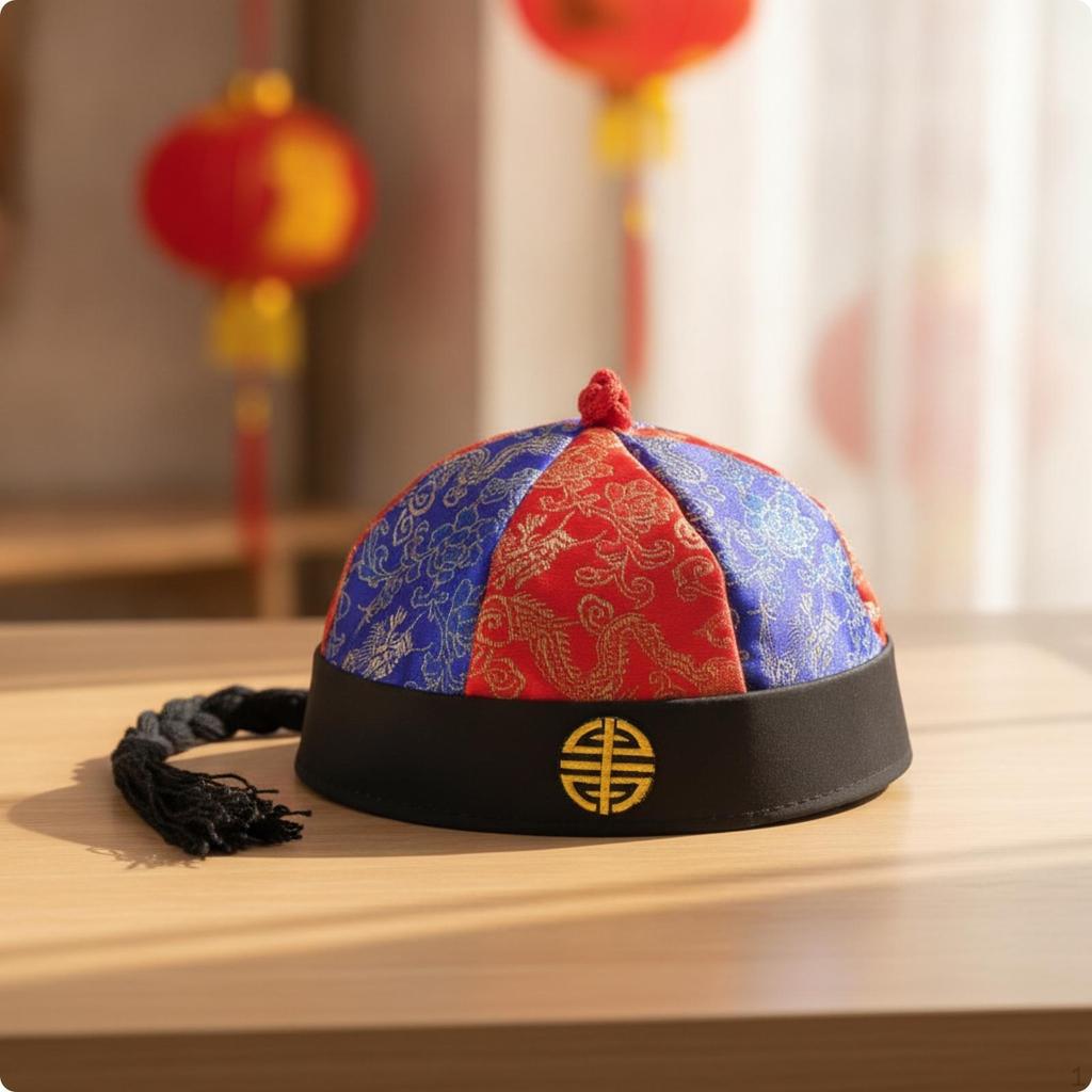 Chinese Costume Cap Traditional Ancient Satin Brocade Hat with Tassel for Entertainers,