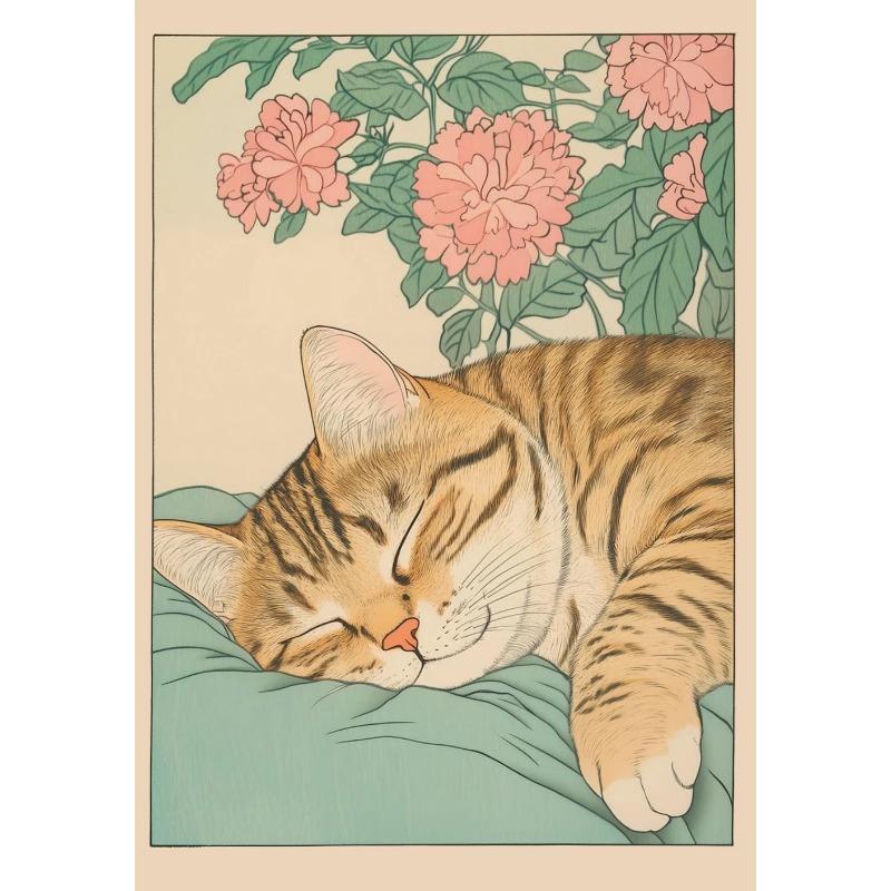 Gatto Tigrato Giapponese nella Vasca da Bagno Stampe Poster Pittura su Tela Estetica Retrò Arte da Parete Immagine Japandi Bagno Toilette Decorazione Casa