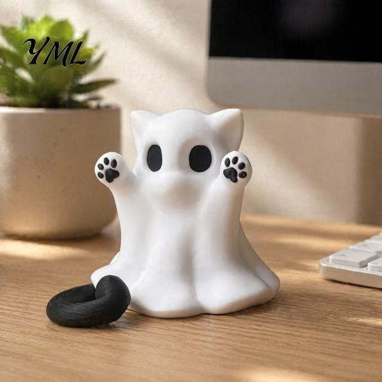 Unique Home Decor Accents Halloween Ghost Cat Statue, Cute Figurine, Cartoon Whimsical Office Desk Accessories Spooky Decoration for Desktop