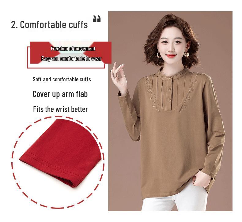 2025 Damen Reines Baumwoll Langarm Locker geschnittenes Oberteil: Halbhoher Kragen, Übergröße, Modische Herbstbekleidung für Mütter mittleren Alters