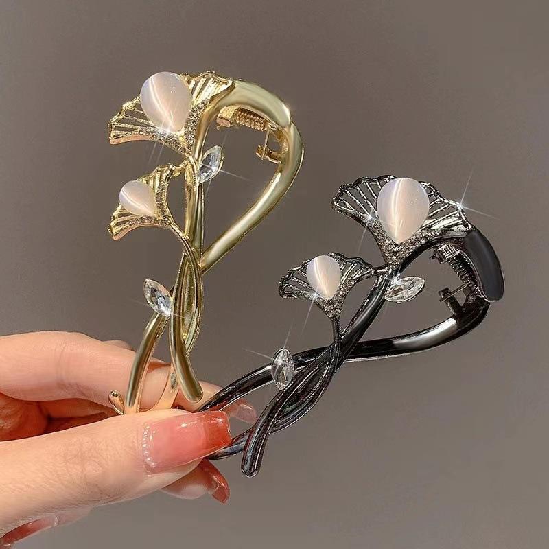 1Pc High-end Ginkgo Biloba Hairpin, Light Luxury Cat's Eye Hair Accessories, Women's Back of The Head, Hairpin, Frog Buckle, Twist Clip, One-word Clip
