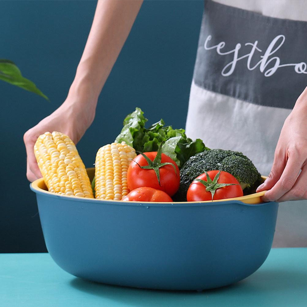 

1Pcs Double-Layer Plastic Drain Basket Food-Grade Stackable Fruit Vegetable Washing Sieve with Hidden Drain Layer Oval Dark 26X10.5cm