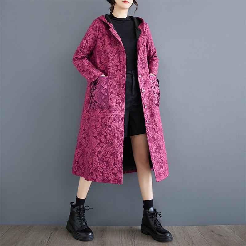 

Длинный рукав большого размера жаккардовый винтажный с капюшоном повседневный свободный плащ осень-весна для женщин Верхняя одежда фиолетовый