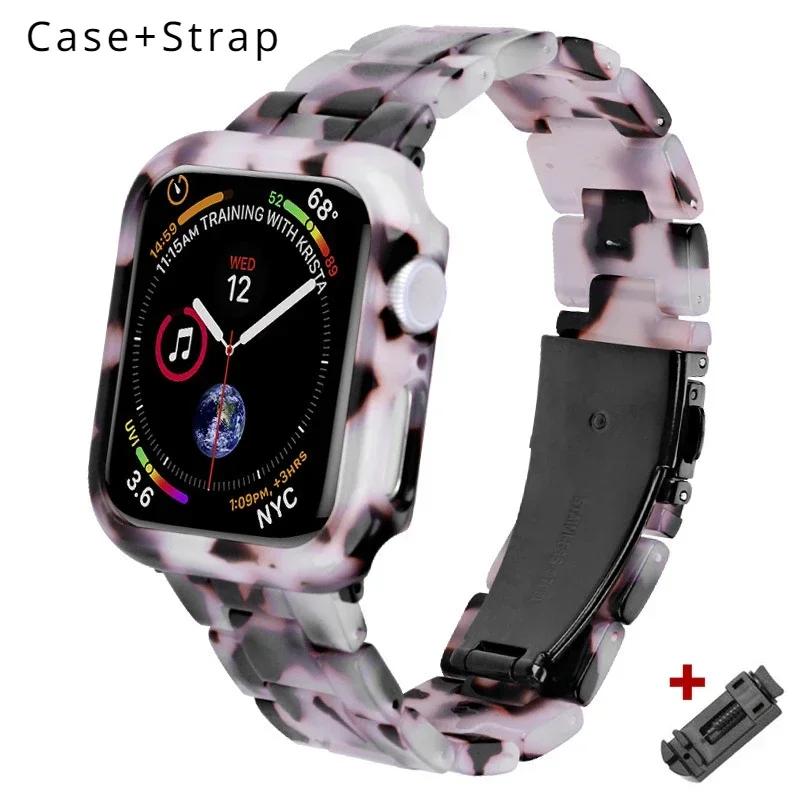 Etui+Pasek z Żywicy do Apple Watch Series 9 41mm 45mm Pasek 38 40mm Pokrowiec Damska Bransoletka do iWatch 8 7 6 SE 5 4 42 mm 44mm Correa