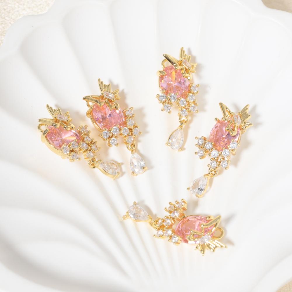 Multicolor Zirconia Floral Leaf Copper Charms, Golden Plated DIY Pendants for Earring Necklace Craft Making