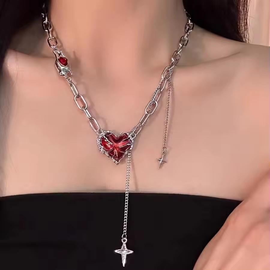 Goth Black Cross Pentagram Red Thorns Heart Pendant Chain Necklace For Women Men Grunge Punk Halloween Jewelry Y2K Accessories