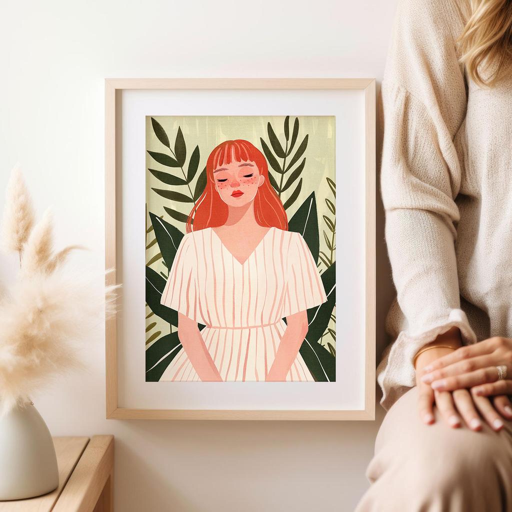 Plakat ilustracja kobieta zielone liście