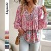 Women's V Neck Tie Front Floral Print Long Lantern Sleeve Loose Blouse Boho Casual Shirt