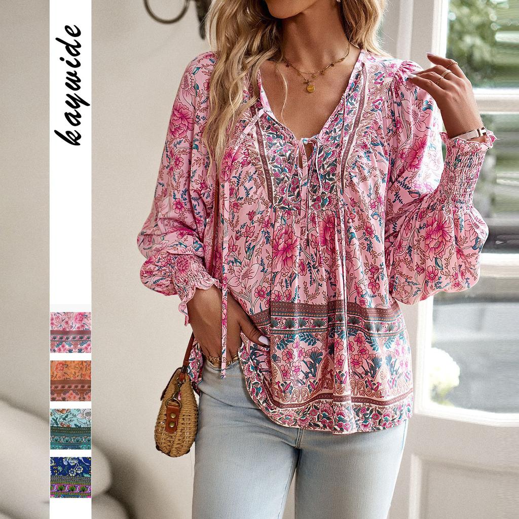 Women's V Neck Tie Front Floral Print Long Lantern Sleeve Loose Blouse Boho Casual Shirt