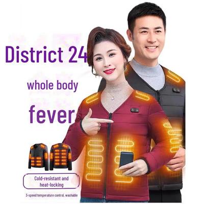 Smart Heated Cotton Coat with V-neck, Constant Temperature, Front & Back Heating, Long Sleeve Winter Wear