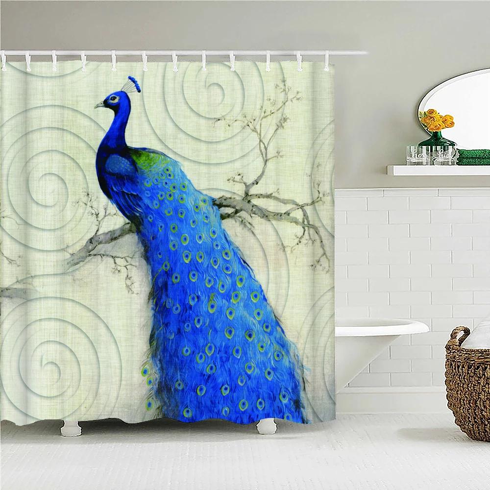3D Flowers and Birds Peacocks Shower Curtain Waterproof Bathroom Curtains Polyester Home Decor Bathtub Curtain Screen with Hooks