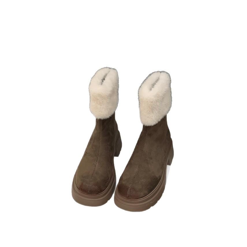 2025 Autumn and Winter New Korean Version Fashion Boots Round Head Rear Zipper Middle Heel Thin Martin Boots Large Size Short Fluffy Boots