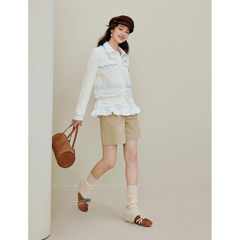 INMAN Women's Contrast Stripe Openwork Knit Cardigan