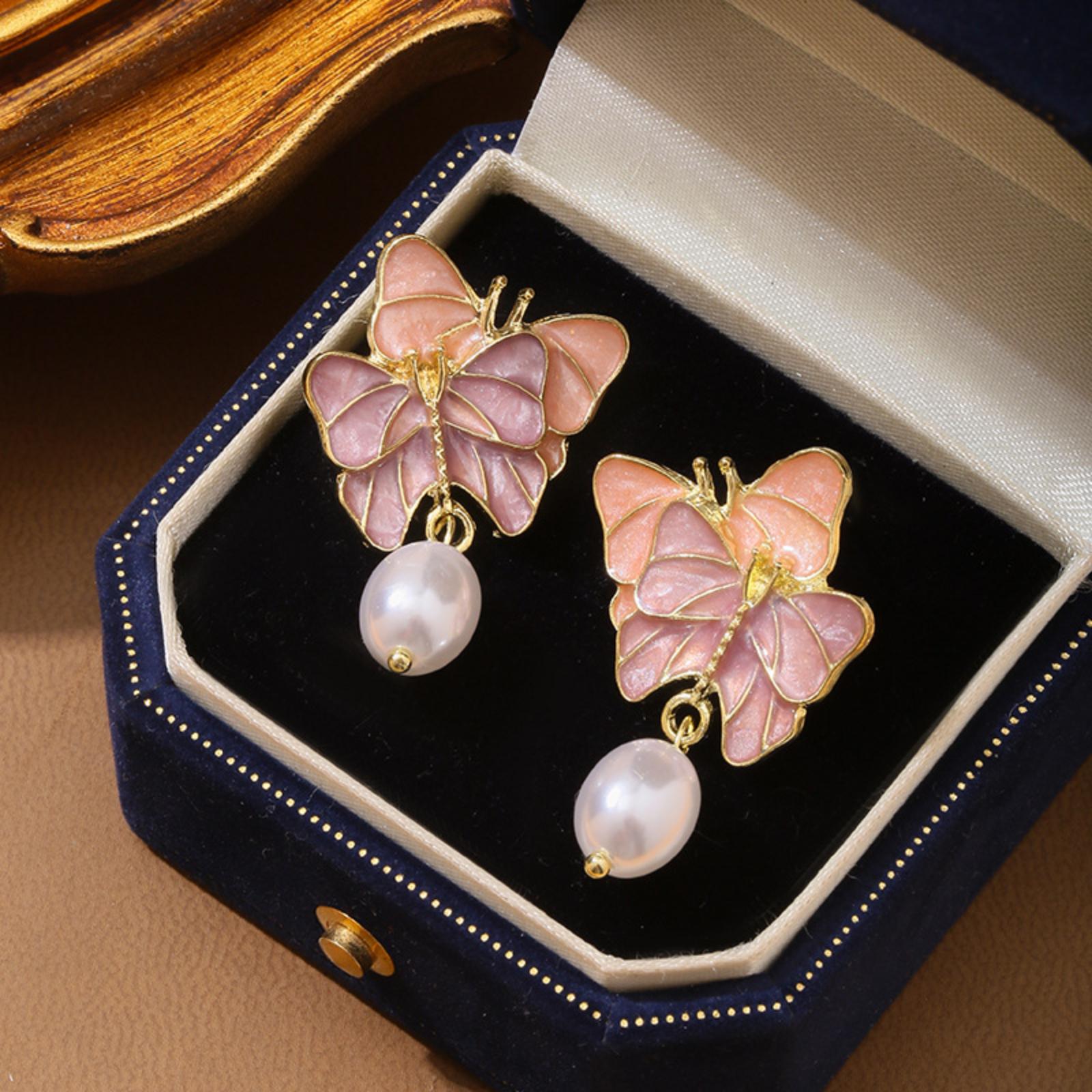 Vintage Style Butterfly Drop Earrings with Faux Pearl Pendant Gold Plated Metal Lightweight Dangle Jewelry for Women and Girls