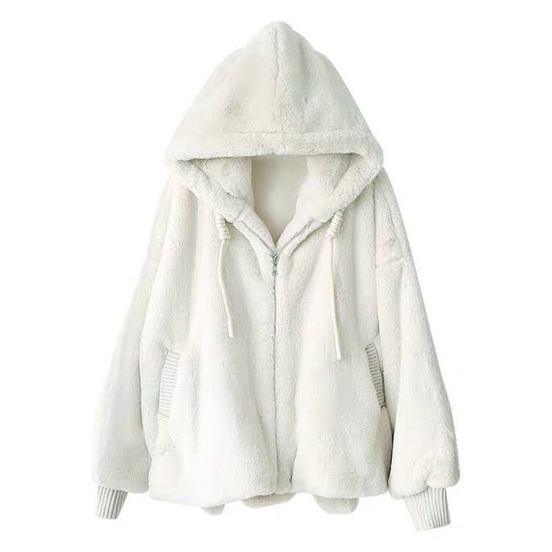 2024 Women's Winter Mid-length Faux Rex Rabbit Fur Coat with Hood and Fleece Lining