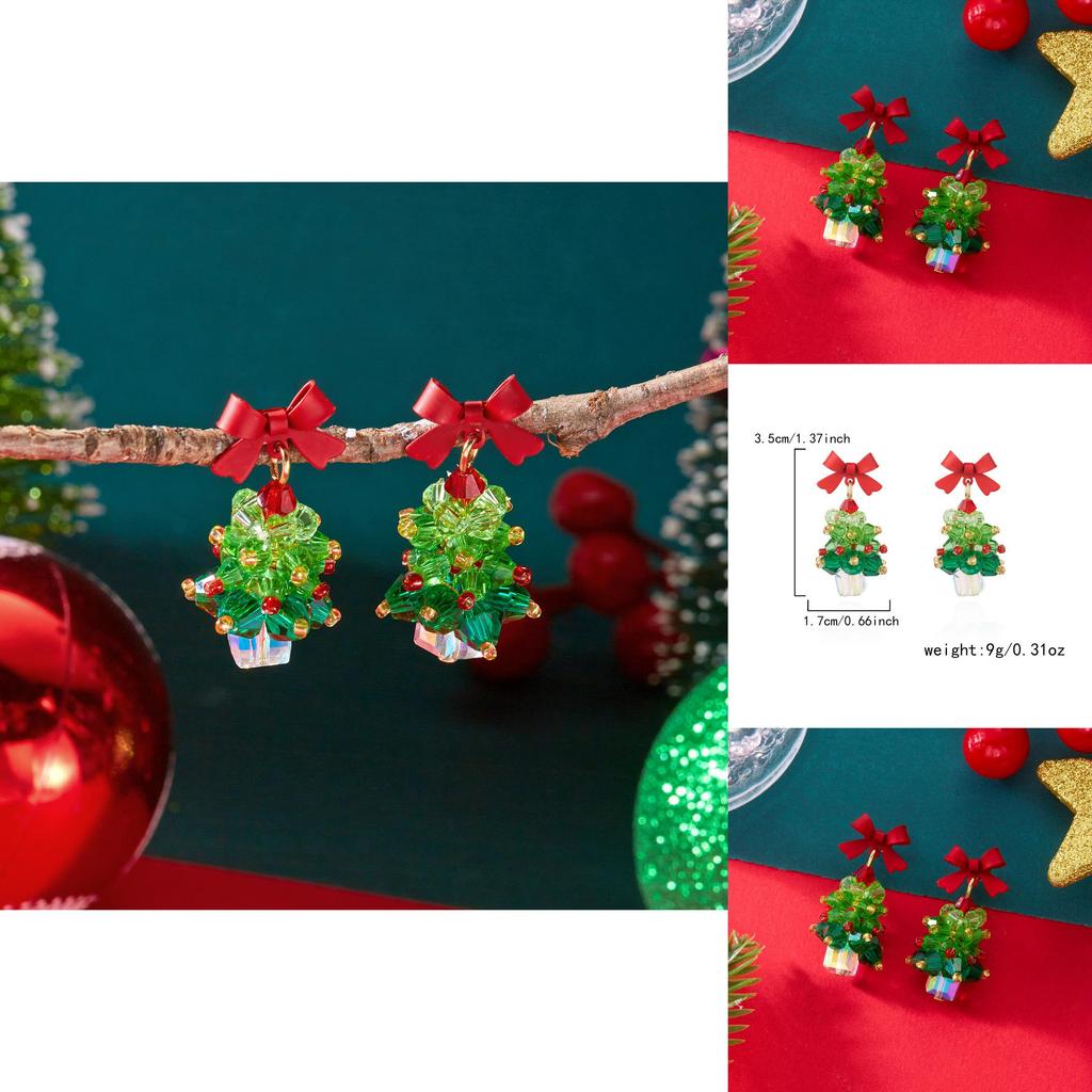 Festliche Feiertagsohrringe für Damen aus Legierung mit roter Schleife, Weihnachtsbaumschmuck mit Glitzer für saisonalen Schmuck