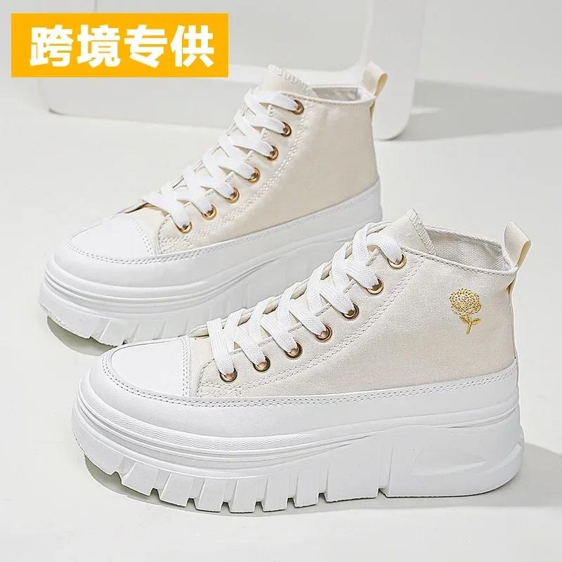 Sapatos femininos casuais de cano alto, cor sólida, versáteis, de lona, cano alto, com cadarço, confortáveis e respiráveis