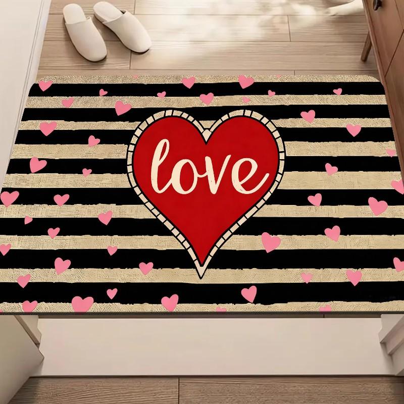 1pc Love Heart Door Mat – Striped Pattern with Red Heart, Soft Entryway Mat for Bedroom, Kitchen