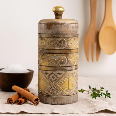 Decorative Tall Wooden Container, White and Gold